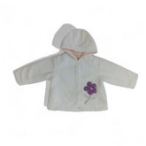 Cozy White Baby Hooded Jacket with Purple Flower Appliqué