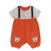 Playful Suspenders Bear Romper in Orange and White