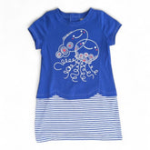 Playful Blue & White Striped Dress with Jellyfish Graphic