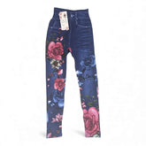 Chic Floral Print Faux-Denim Style Leggings