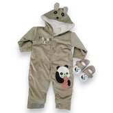 Green Adorable Panda Hooded Baby Romper with Matching Panda Slippers