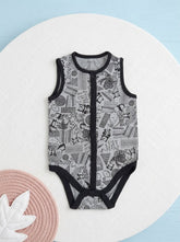 Sleeveless Black Full-Zip Baby Onesie with Cloud & Star Print