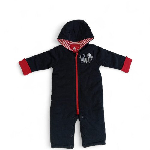 Cozy Black Hooded Baby Jumpsuit with Barcode Graphic