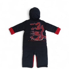 Cozy Black Hooded Baby Jumpsuit with Barcode Graphic