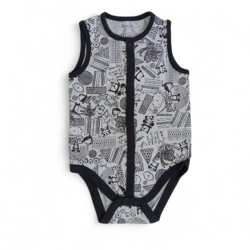 Sleeveless Black Full-Zip Baby Onesie with Cloud & Star Print