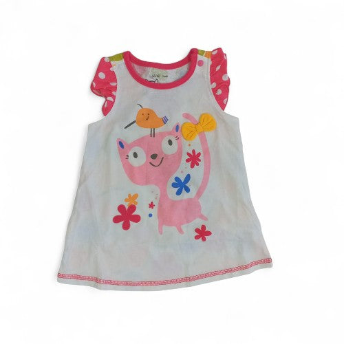 Playful Cat & Bird Graphic Baby Ruffle Sleeve Dress