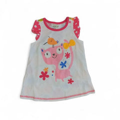 Playful Cat & Bird Graphic Baby Ruffle Sleeve Dress