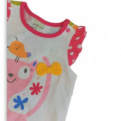 Playful Cat & Bird Graphic Baby Ruffle Sleeve Dress