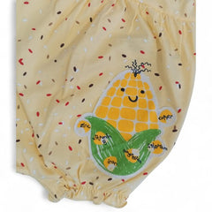 Yellow Corn-Print Baby Romper with Ruffle Hem and Red Bow