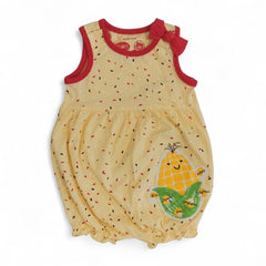 Yellow Corn-Print Baby Romper with Ruffle Hem and Red Bow