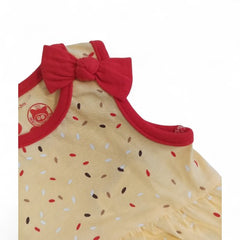 Yellow Corn-Print Baby Romper with Ruffle Hem and Red Bow