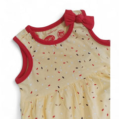 Yellow Corn-Print Baby Romper with Ruffle Hem and Red Bow