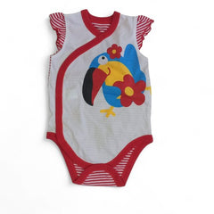 Playful Parrot Baby Bodysuit with Floral Appliqué and Red Trim
