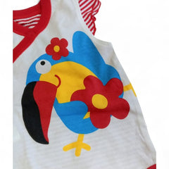 Playful Parrot Baby Bodysuit with Floral Appliqué and Red Trim