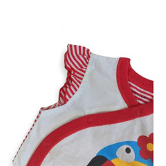 Playful Parrot Baby Bodysuit with Floral Appliqué and Red Trim