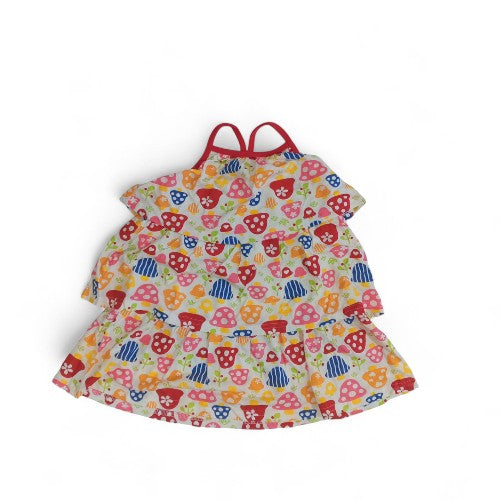 Whimsical Tiered Mushroom Print Summer Dress with Red Straps