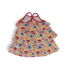Whimsical Tiered Mushroom Print Summer Dress with Red Straps