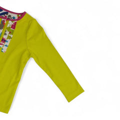 Vibrant Lime Green Long-Sleeve T-Shirt with Patterned Placket
