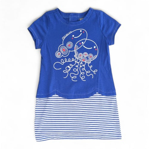Playful Blue & White Striped Dress with Jellyfish Graphic