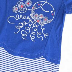 Playful Blue & White Striped Dress with Jellyfish Graphic