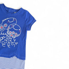 Playful Blue & White Striped Dress with Jellyfish Graphic