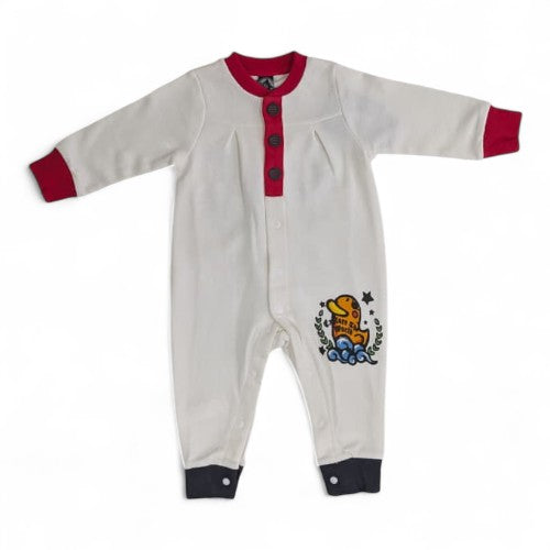 Adorable Duck Graphic Baby Romper with Red & Blue Accents