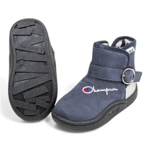 Navy Blue Suede-Style Baby Boots with Buckle