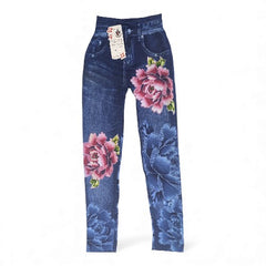 Chic Floral Print Faux-Denim Style Leggings
