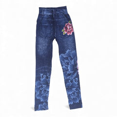 Chic Floral Print Faux-Denim Style Leggings