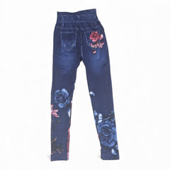 Chic Floral Print Faux-Denim Style Leggings