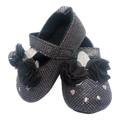 Shimmery Black & Pink Heart With Bow Baby Girl Shoes