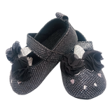 Shimmery Black & Pink Heart With Bow Baby Girl Shoes