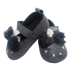Shimmery Black & Pink Heart With Bow Baby Girl Shoes