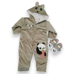 Green Adorable Panda Hooded Baby Romper with Matching Panda Slippers