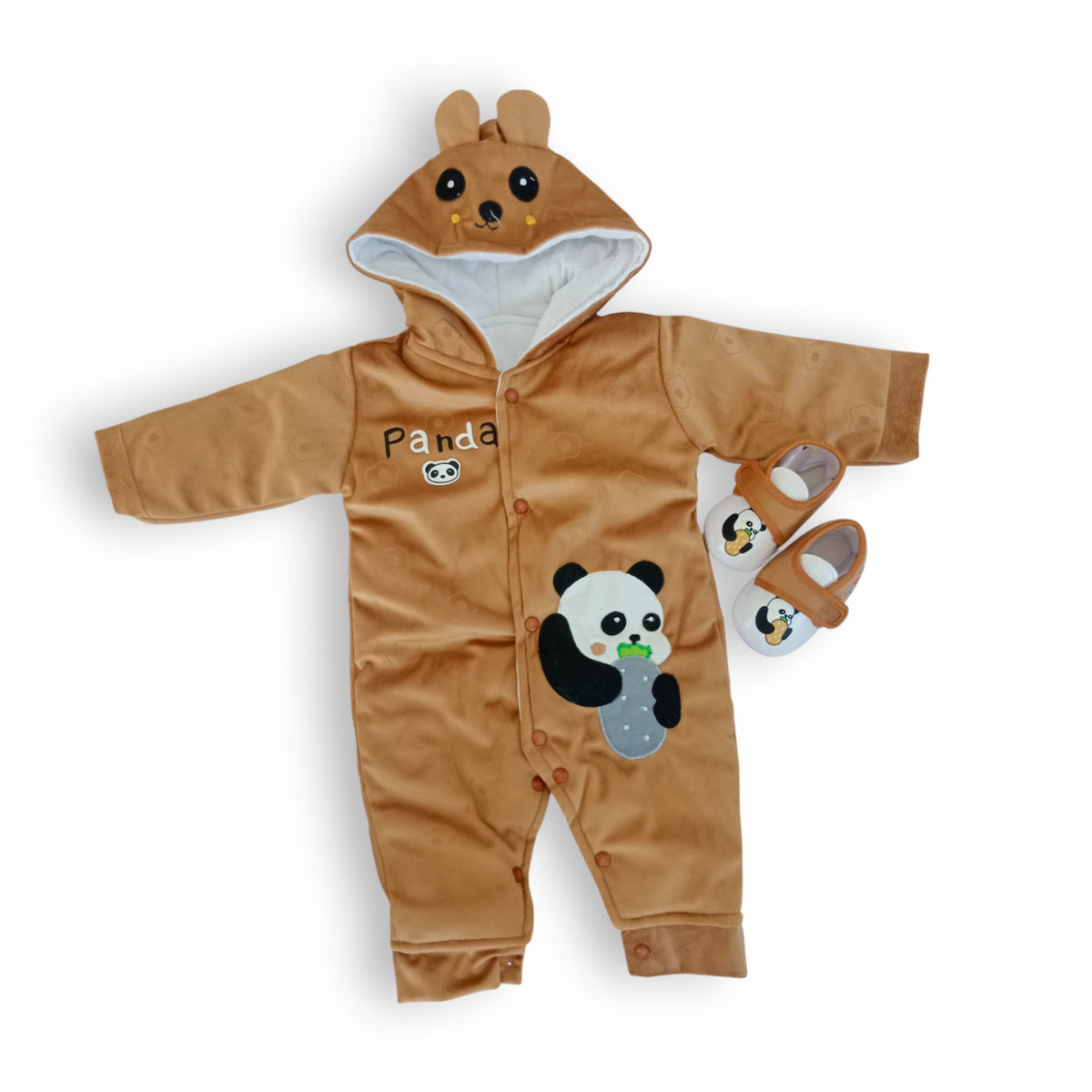 Brown Adorable Panda Hooded Baby Romper with Matching Panda Slippers
