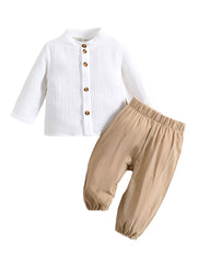 Baby Girls & Boy's Boys Fall Outfits Solid Color Buttons Long Sleeve Shirt Pant 2Pcs