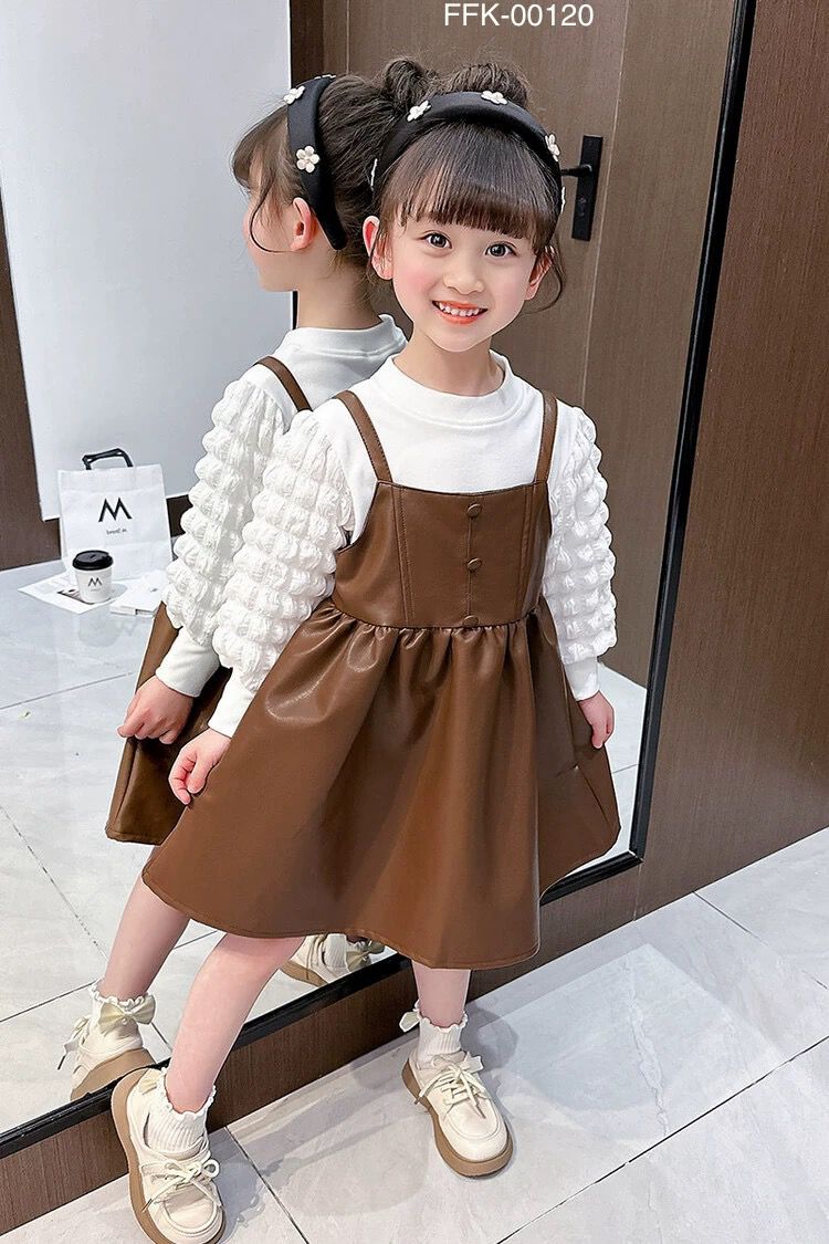 Baby Girl Spring & Autumn Soft T-Shirt Leather Vest Dress Two Pc Set