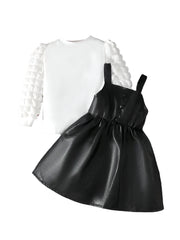 Baby Girl Spring & Autumn Soft T-Shirt Leather Vest Dress Two Pc Set