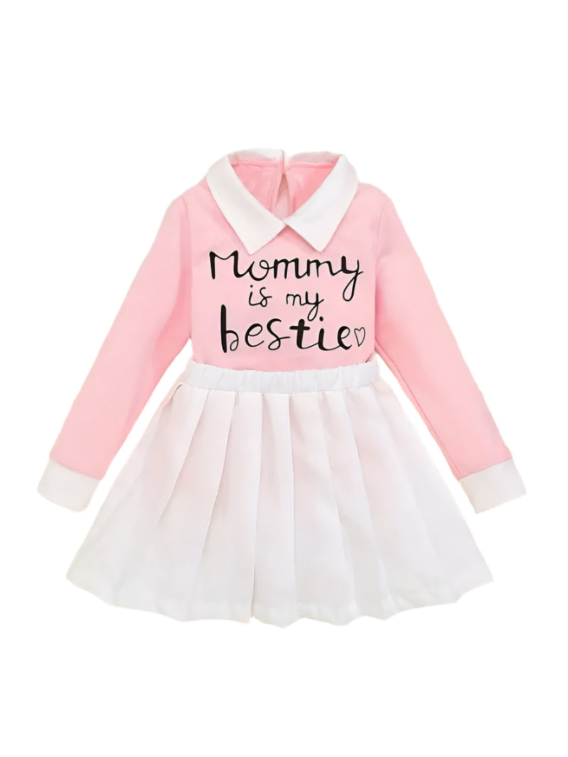 Mommy is My Bestie Graphic Contrast Collar Tee & Pleated Skirt