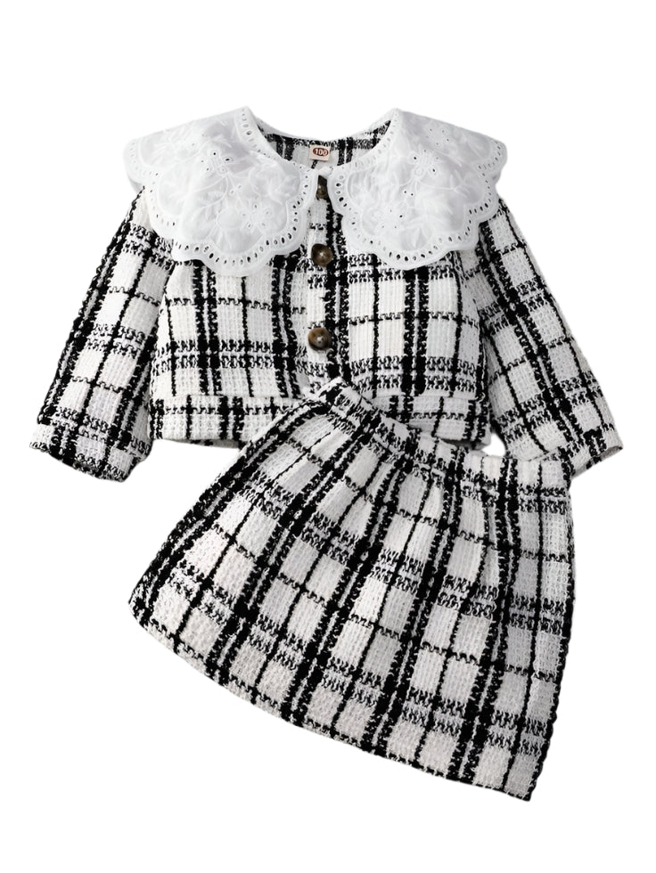 Baby Girls Lace Collar Plaid Skirt Set Knitted Long Sleeve Set