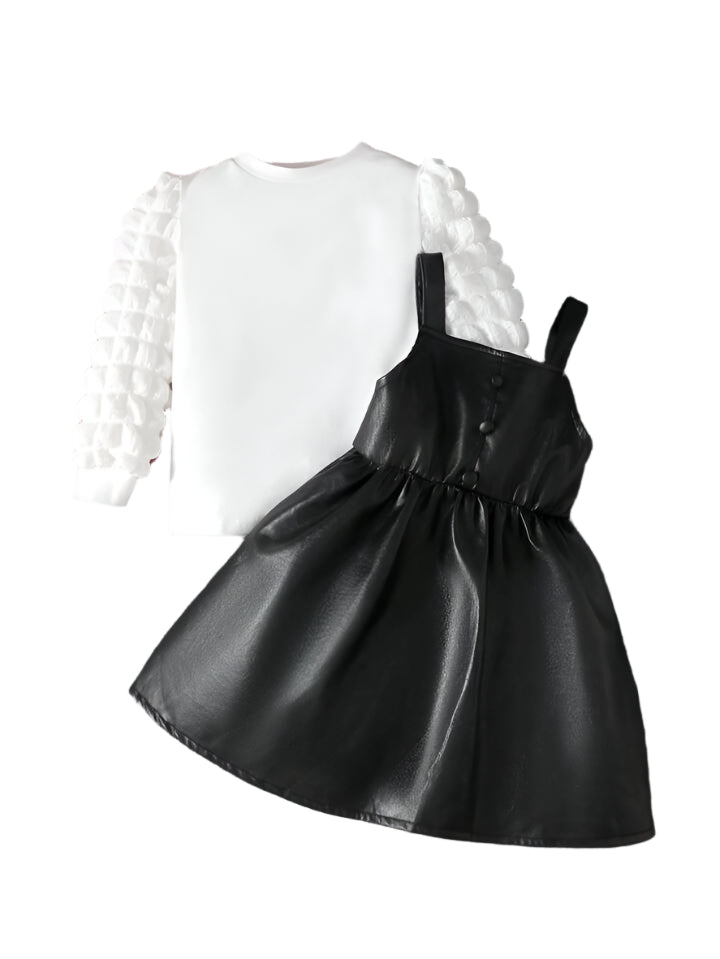 Baby Girl Spring & Autumn Soft T-Shirt Leather Vest Dress Two Pc Set