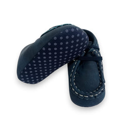 Newborn Baby Blue Moccasin Crib Shoes with White Stitching
