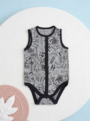 Sleeveless Black Full-Zip Baby Onesie with Cloud & Star Print